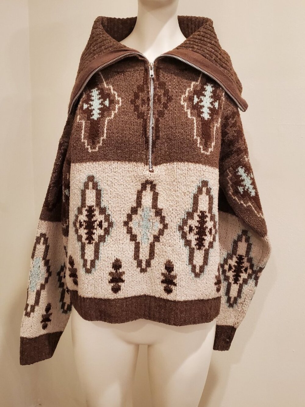 Pink Republic Womens Southwestern Aztec Knit Sweater S Brown Cream Quarter Zip